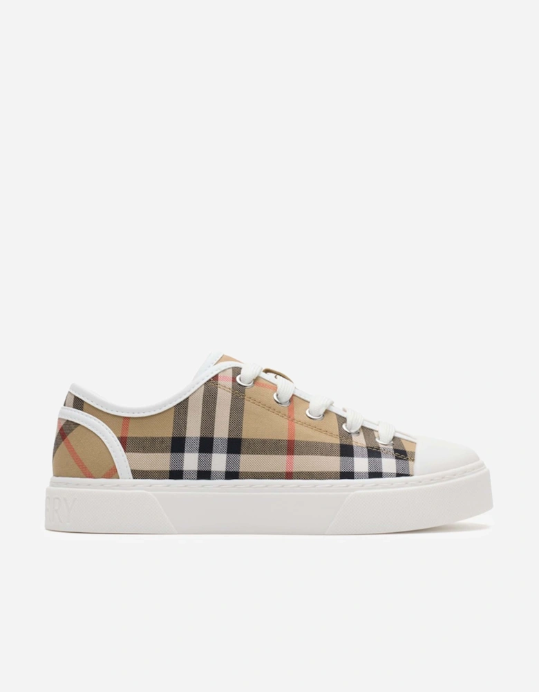 Kids Check Cotton Canvas Trainers in Beige