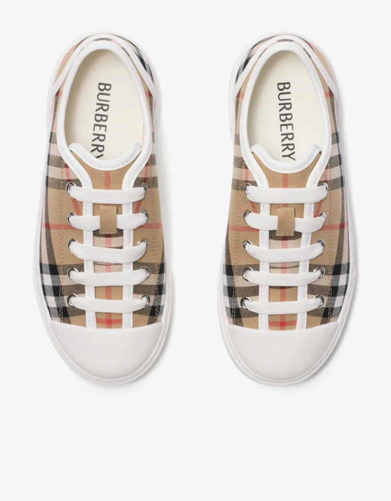Kids Check Cotton Canvas Trainers in Beige