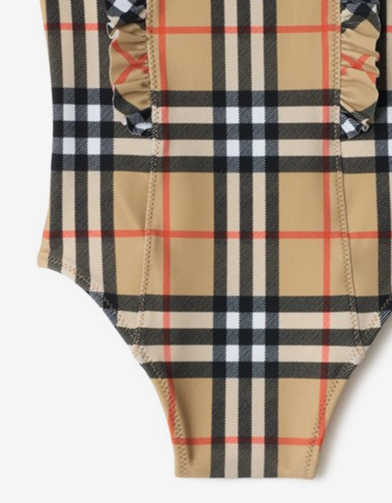 Girls Tilly Ruffle Trim Check Swimsuit in Beige