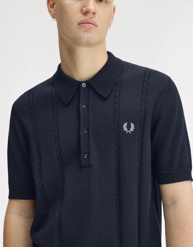 Mens Cable Knitted Polo Shirt - Navy 608