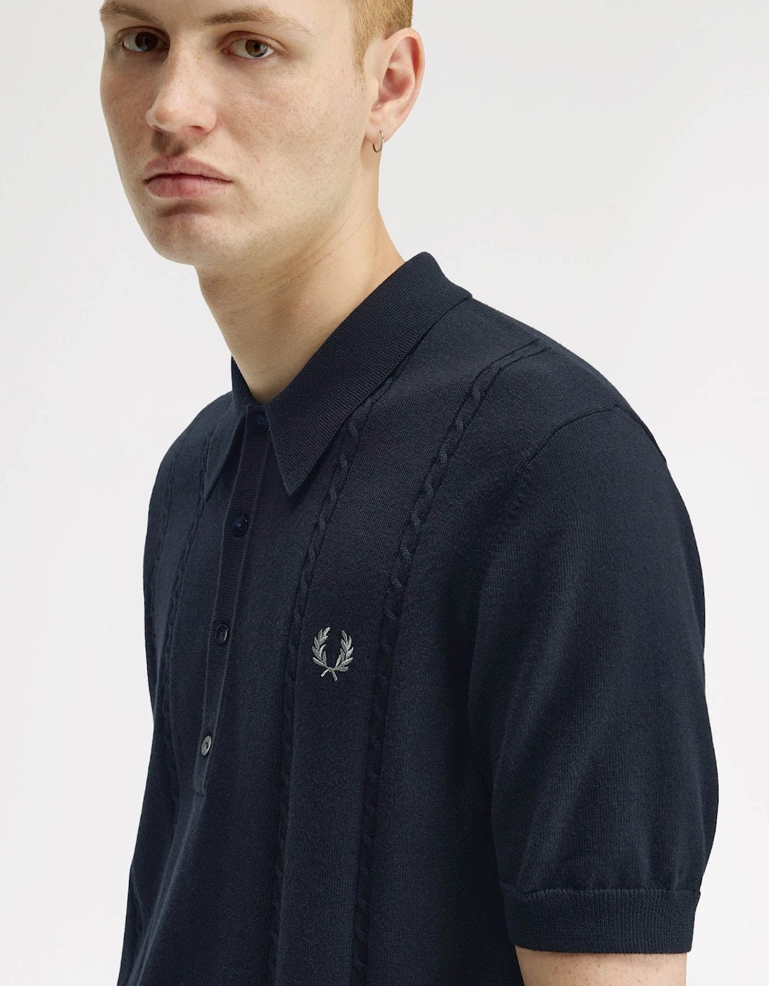 Mens Cable Knitted Polo Shirt - Navy 608
