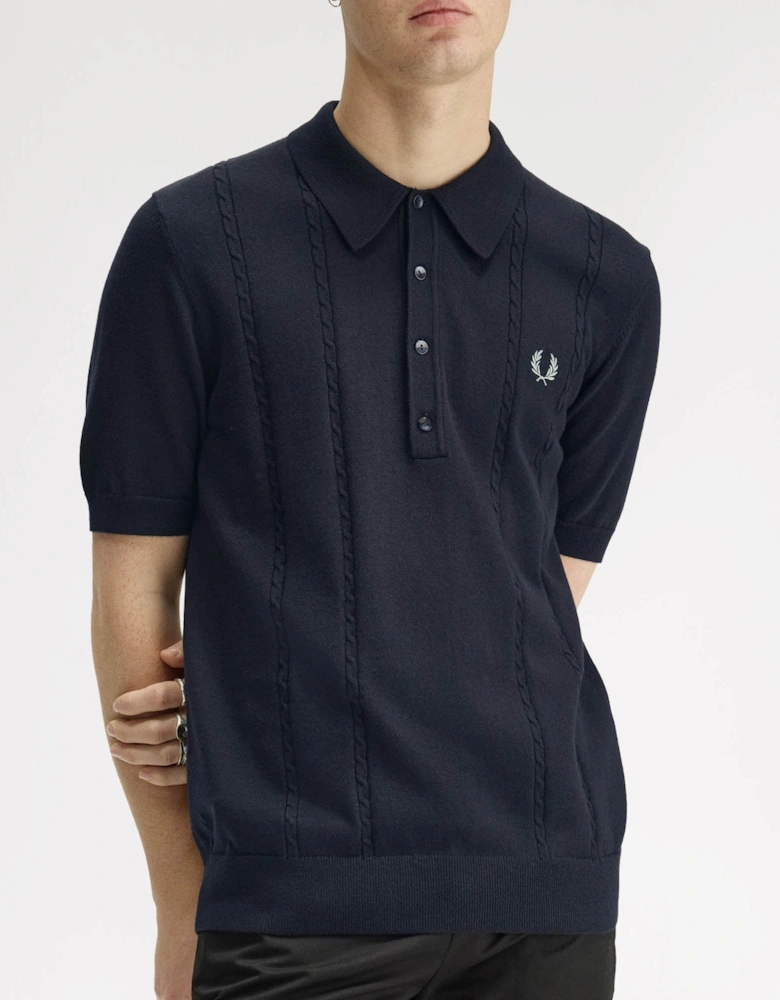 Mens Cable Knitted Polo Shirt - Navy 608