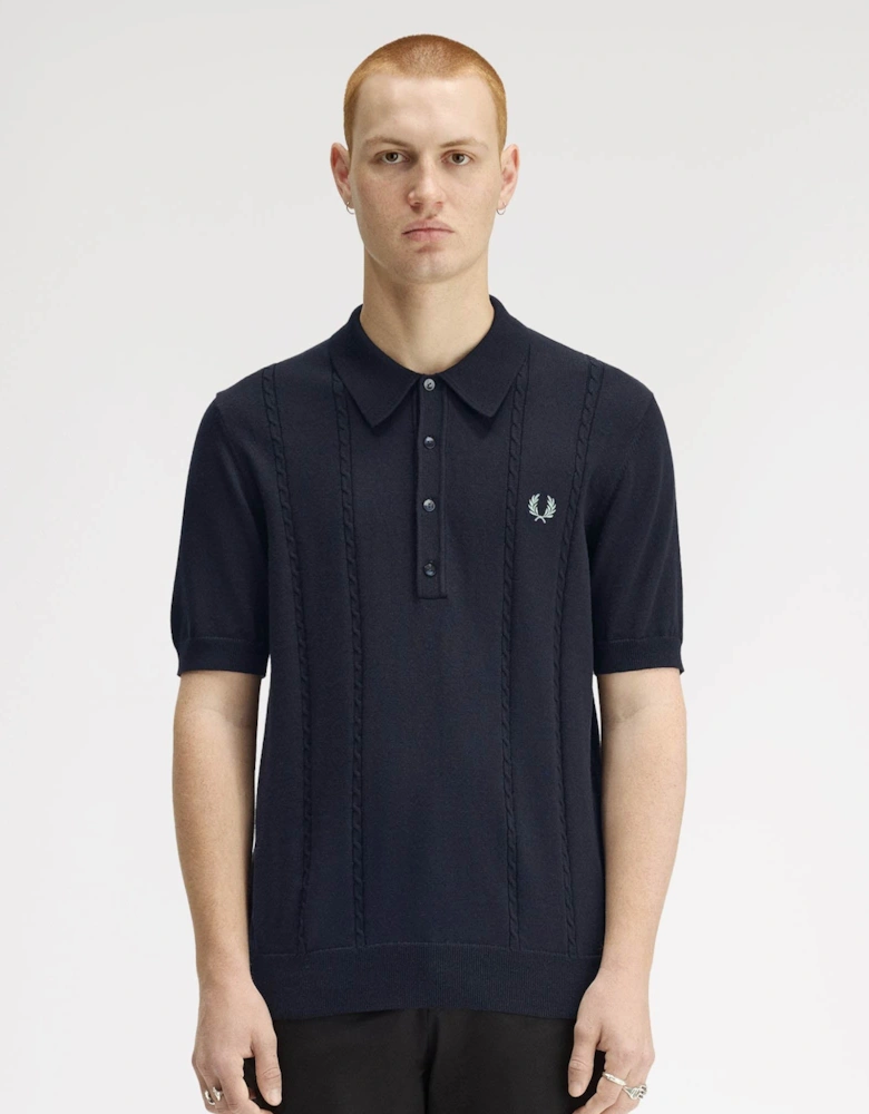 Mens Cable Knitted Polo Shirt - Navy 608