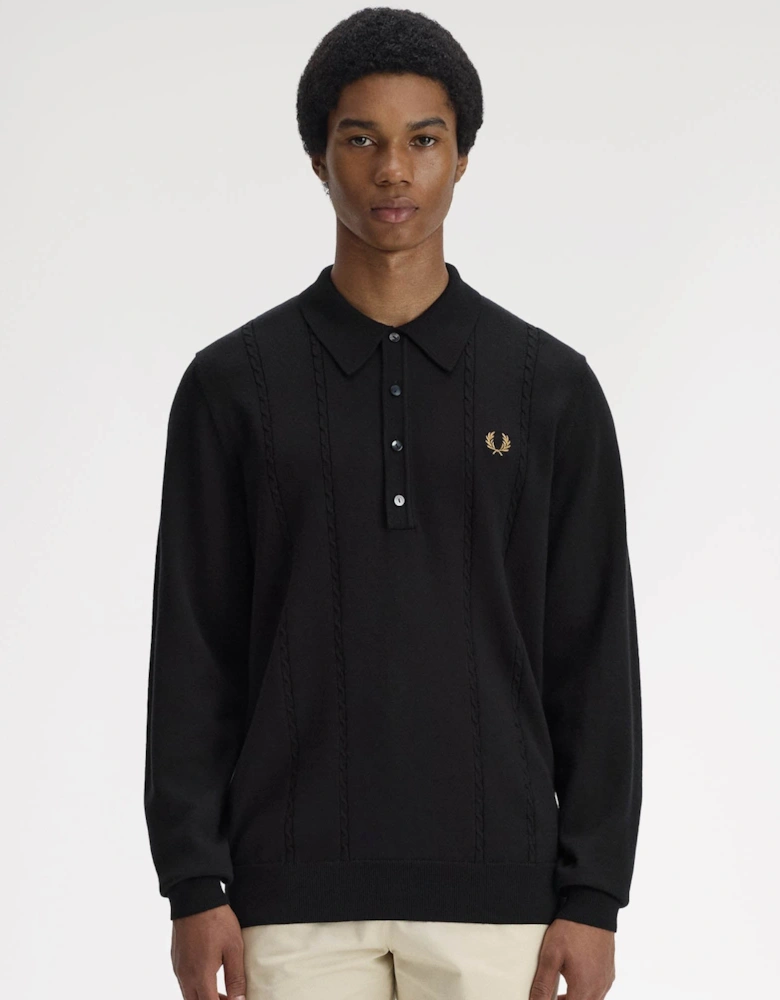 Mens Cable Knitted Long Sleeve Polo Shirt - Black 102