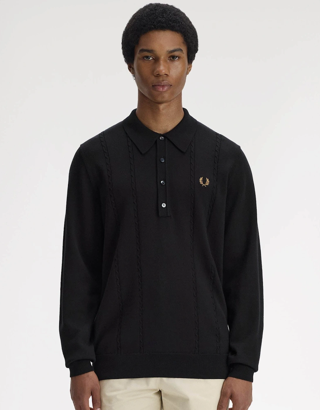 Mens Cable Knitted Long Sleeve Polo Shirt - Black 102, 8 of 7