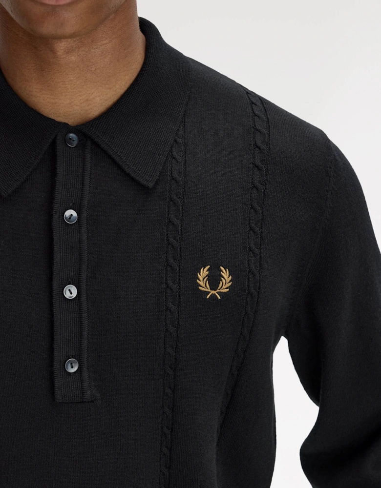 Mens Cable Knitted Long Sleeve Polo Shirt - Black 102