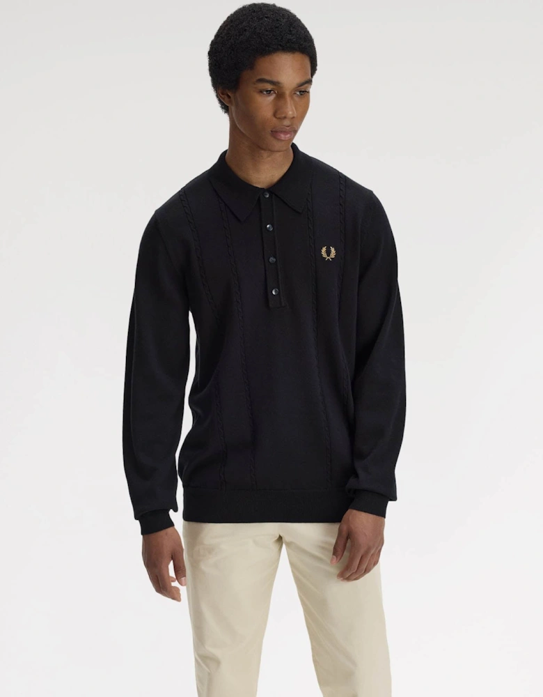Mens Cable Knitted Long Sleeve Polo Shirt - Black 102