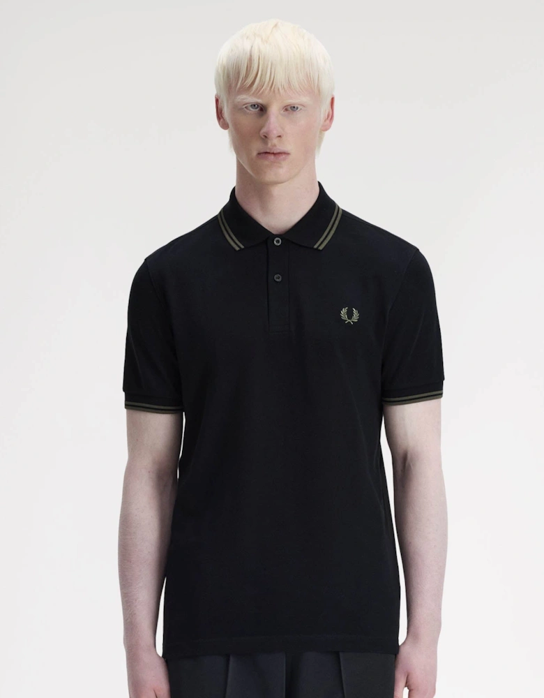 Mens Twin Tipped Signature Polo Shirt - Black/Field Green T44