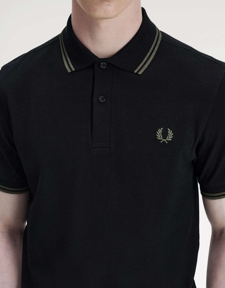 Mens Twin Tipped Signature Polo Shirt - Black/Field Green T44