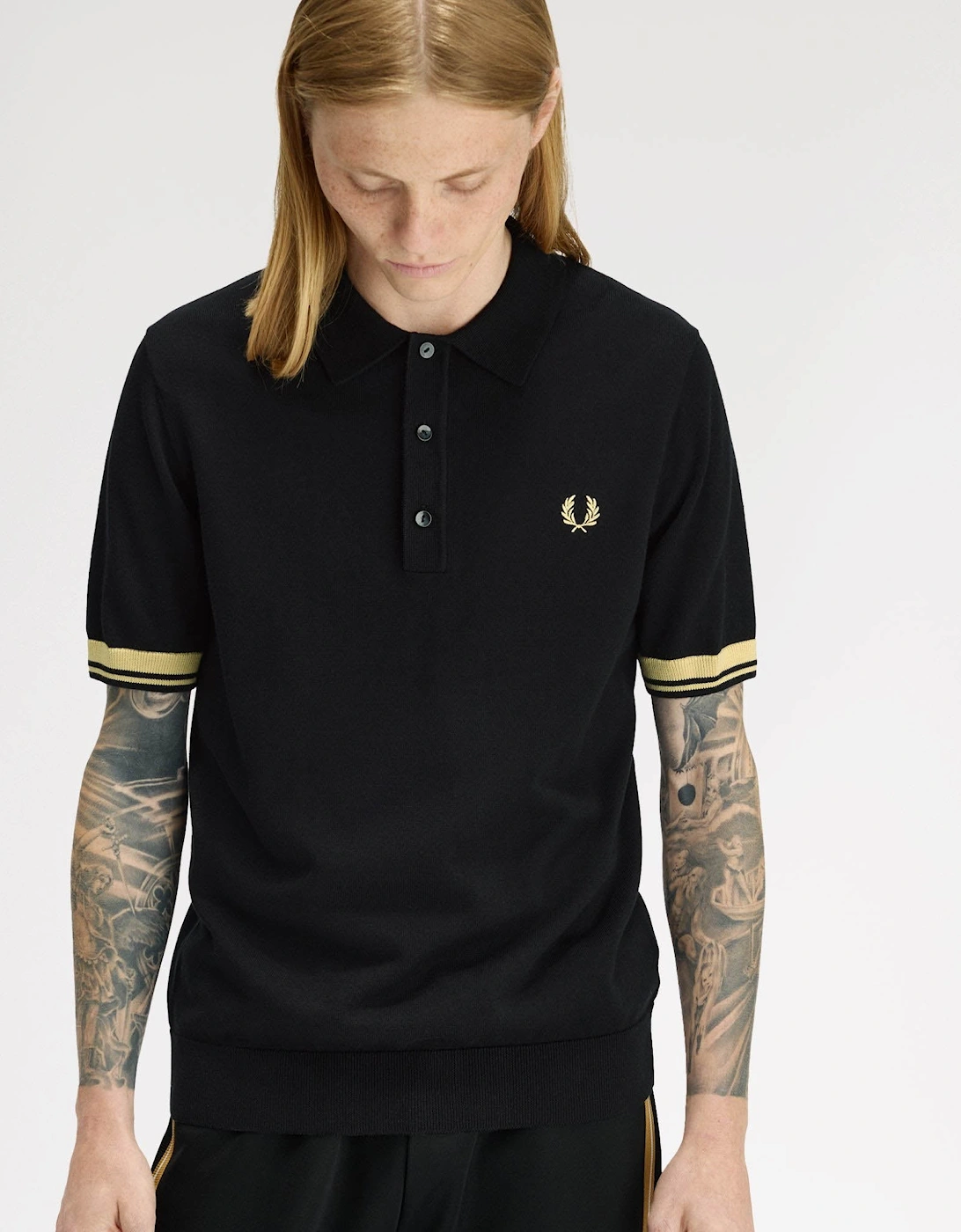 Mens Contrast Cuff Knitted Polo Shirt - Black/Champagne 90A