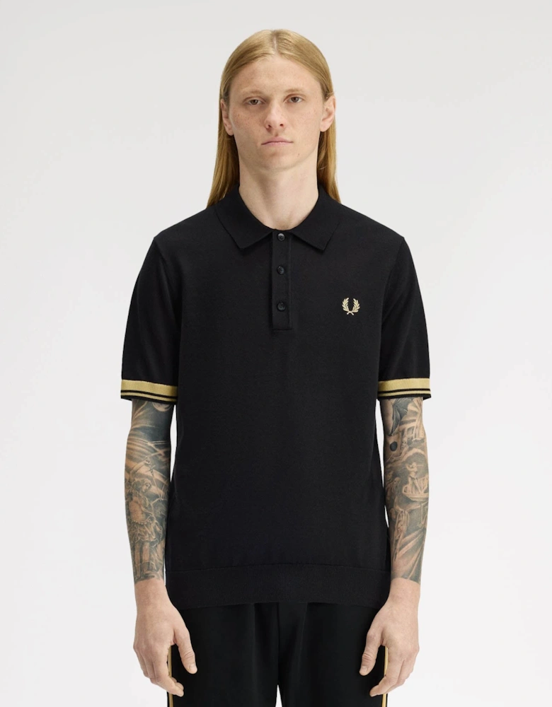 Mens Contrast Cuff Knitted Polo Shirt - Black/Champagne 90A