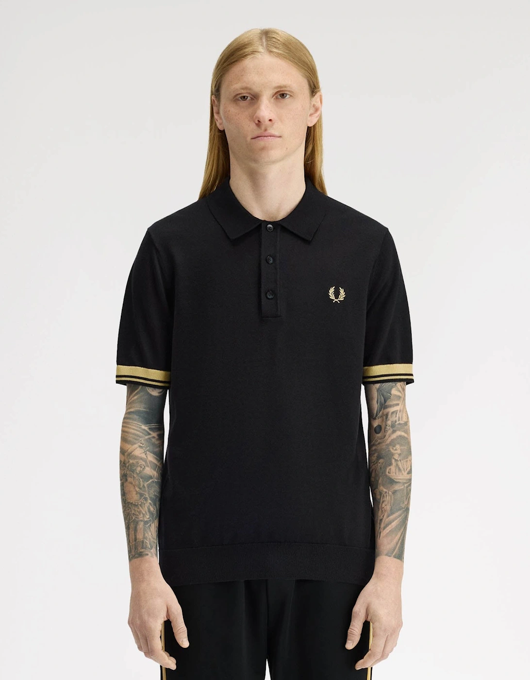 Mens Contrast Cuff Knitted Polo Shirt - Black/Champagne 90A, 7 of 6