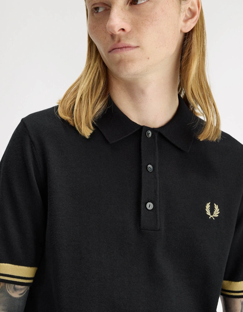 Mens Contrast Cuff Knitted Polo Shirt - Black/Champagne 90A