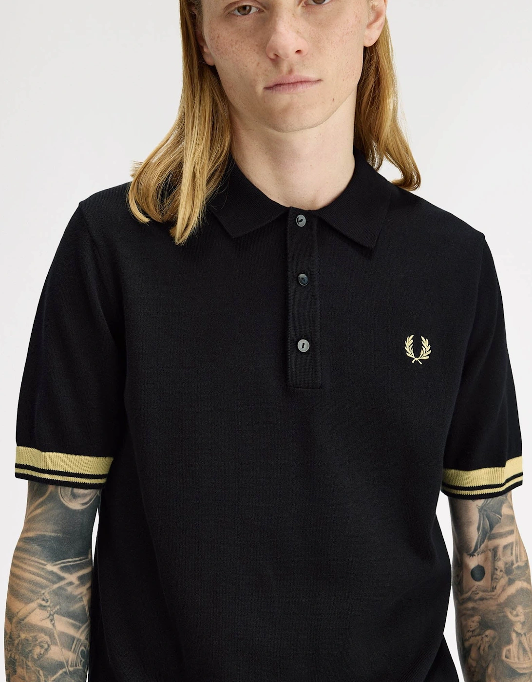 Mens Contrast Cuff Knitted Polo Shirt - Black/Champagne 90A