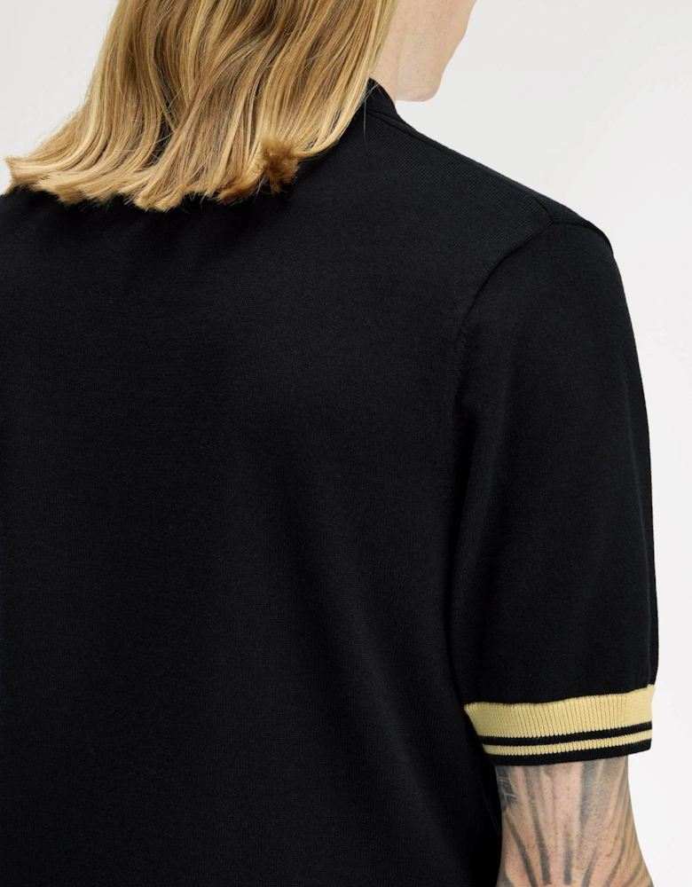 Mens Contrast Cuff Knitted Polo Shirt - Black/Champagne 90A