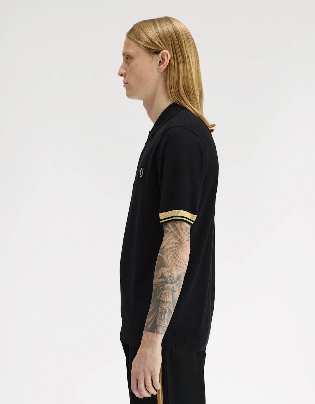 Mens Contrast Cuff Knitted Polo Shirt - Black/Champagne 90A