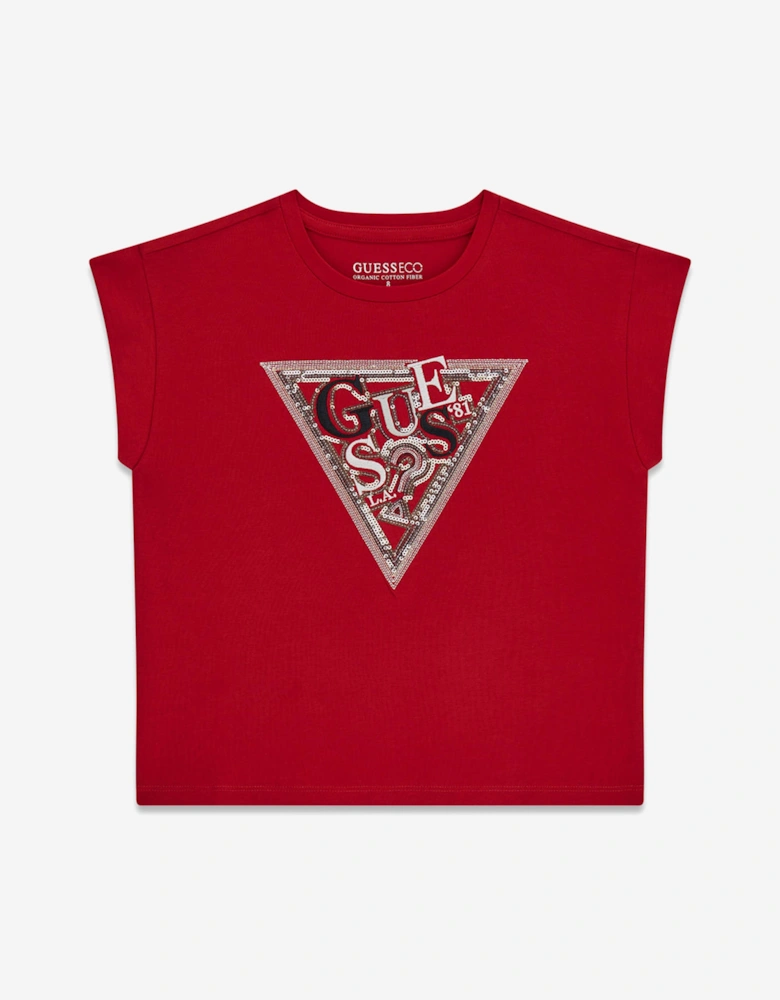 Girls Sequin Logo T-Shirt in Red