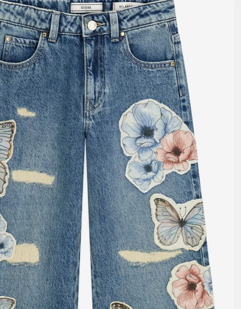 Girls Flower and Butterfly Relaxed Jeans in Blue