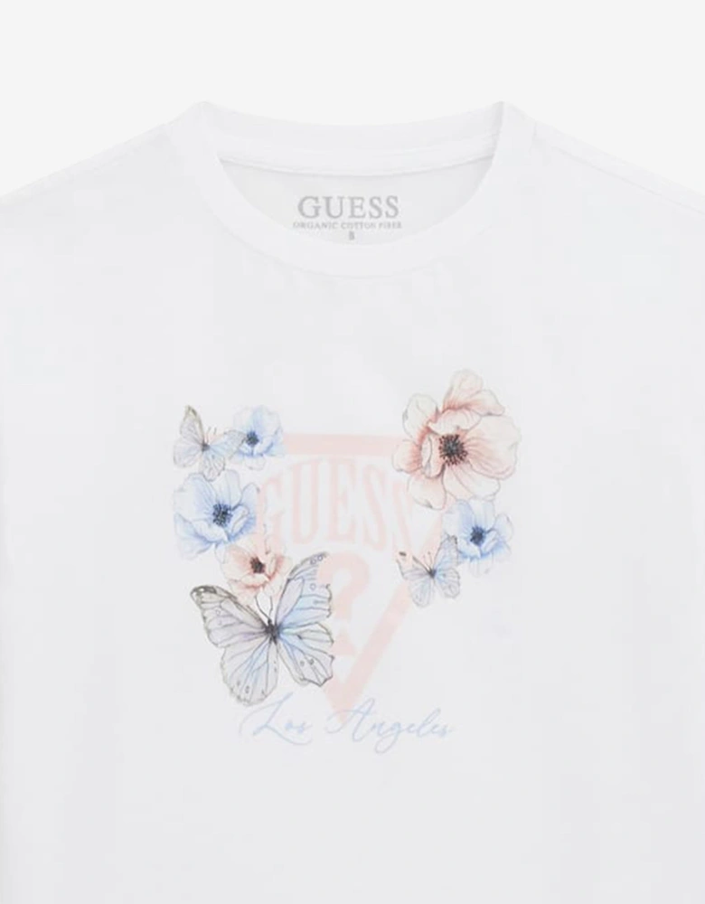 Girls Flower and Butterfly Logo T-Shirt in White