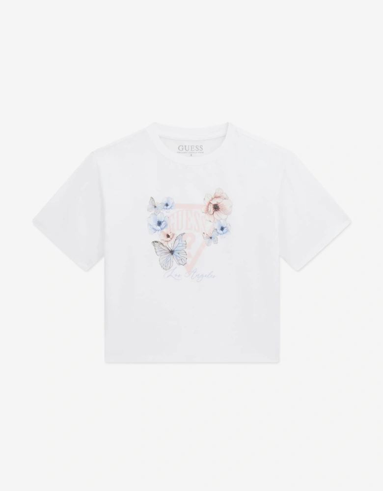 Girls Flower and Butterfly Logo T-Shirt in White