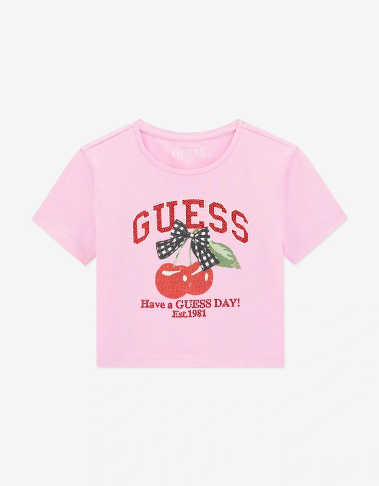 Girls Cropped Cherry T-Shirt in Pink
