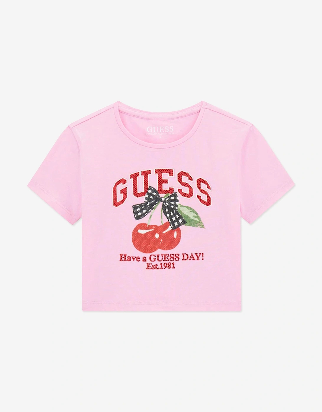 Guess Girls Pink 'S Cropped Cherry T-Shirt In - Size: 12 Years Kids