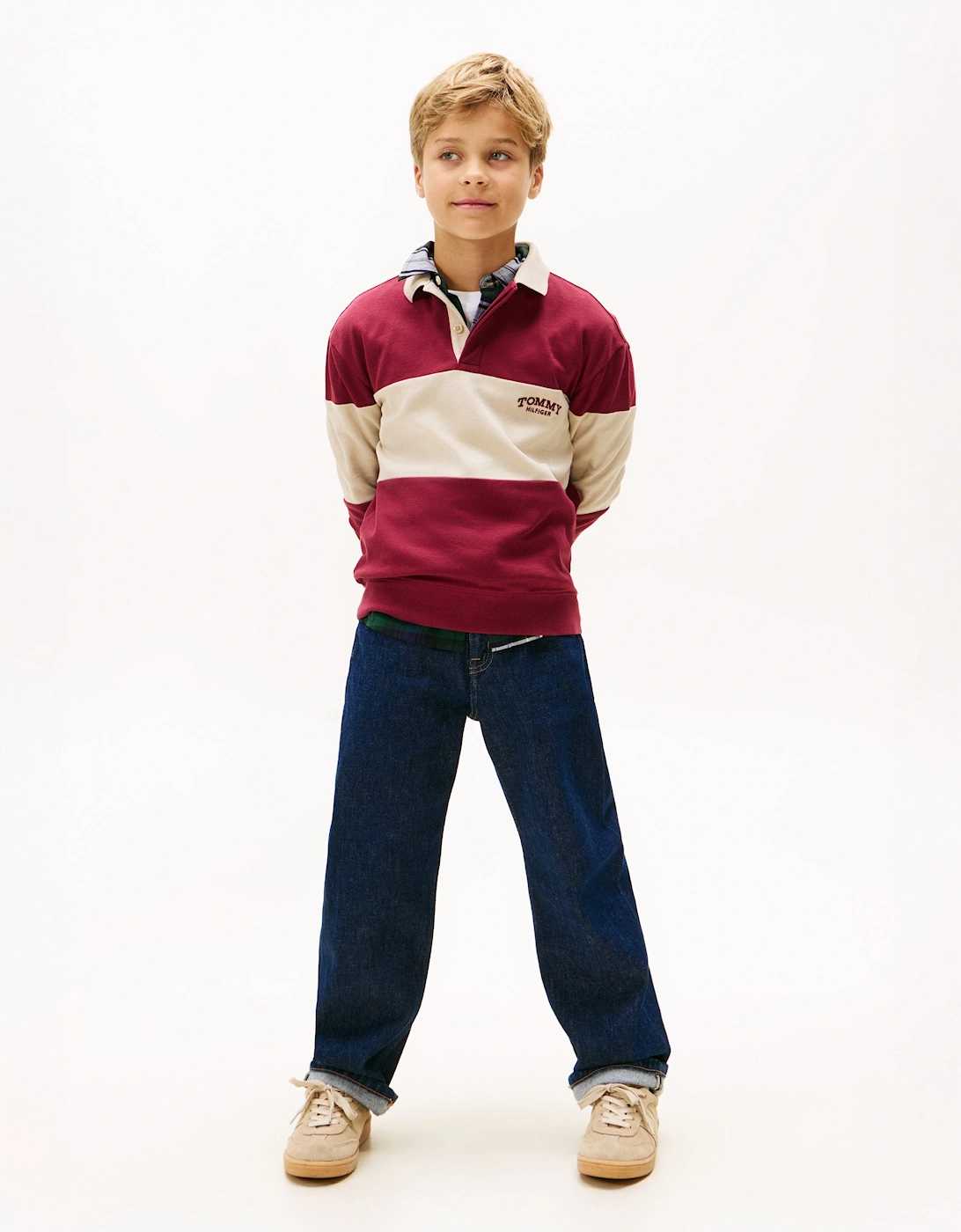 Boys Colourblock Long Sleeve Polo Shirt in Red