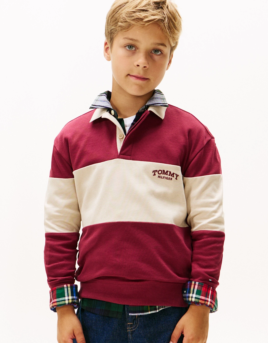 Boys Colourblock Long Sleeve Polo Shirt in Red