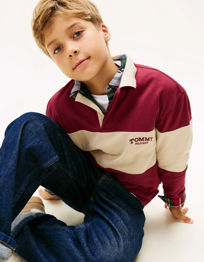 Boys Colourblock Long Sleeve Polo Shirt in Red