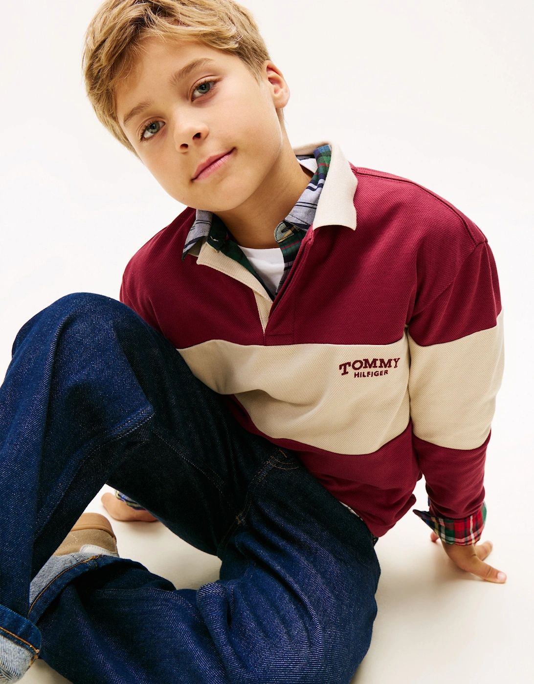 Boys Colourblock Long Sleeve Polo Shirt in Red