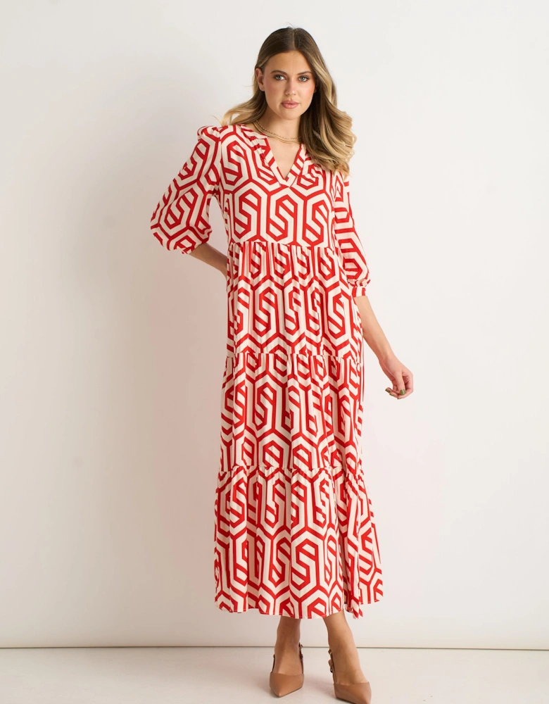 Red Geo Print Smock Maxi Dress