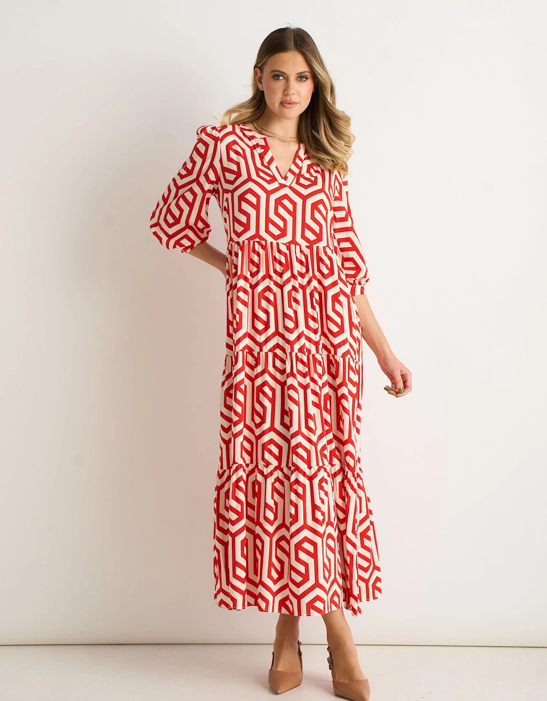 Red Geo Print Smock Maxi Dress, 5 of 4