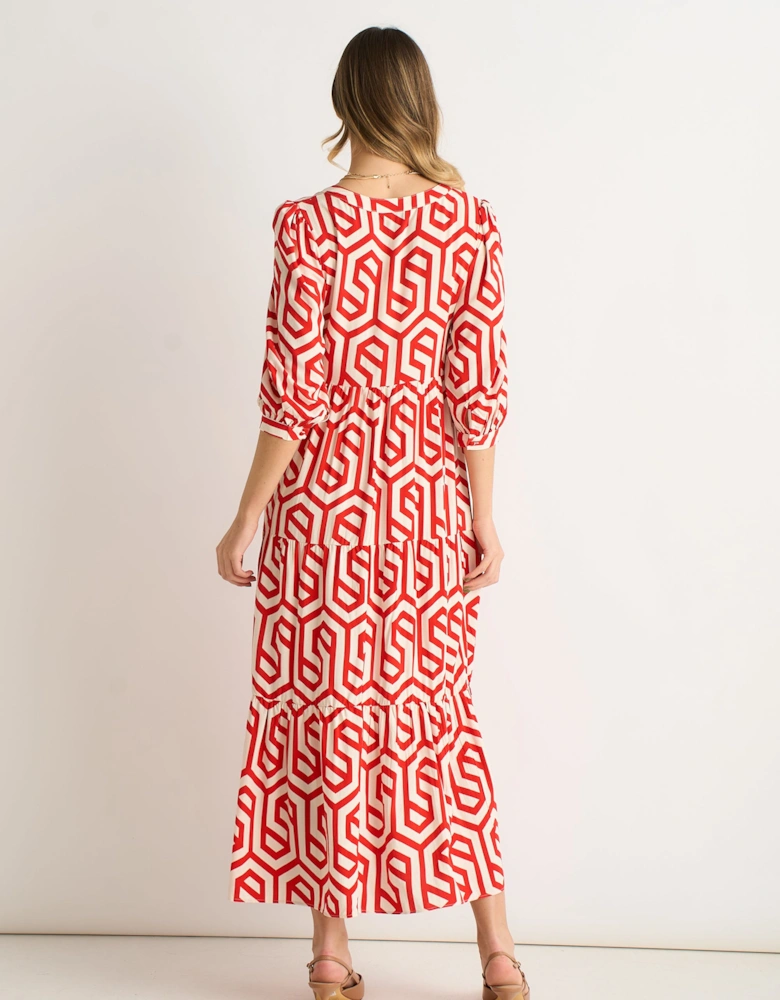 Red Geo Print Smock Maxi Dress