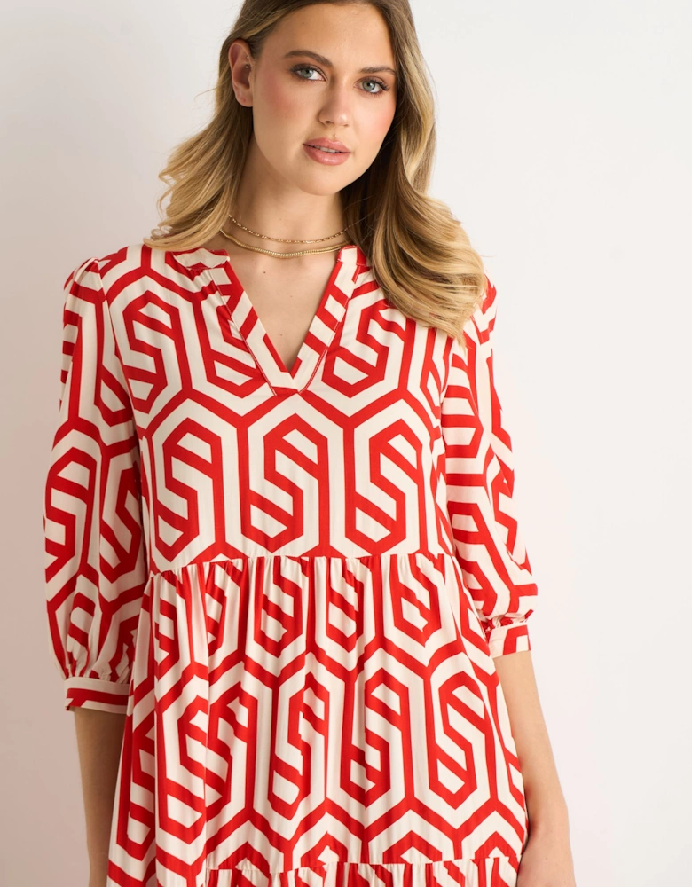 Red Geo Print Smock Maxi Dress