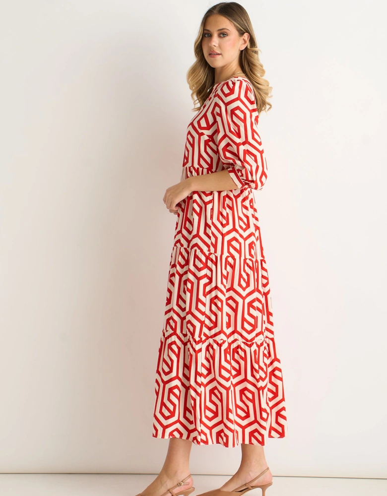 Red Geo Print Smock Maxi Dress