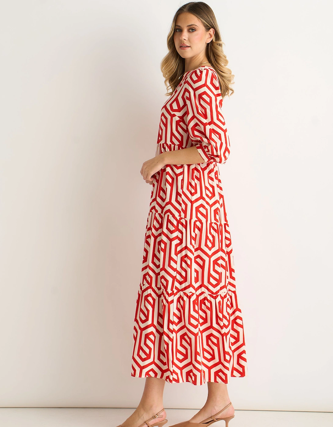 Red Geo Print Smock Maxi Dress