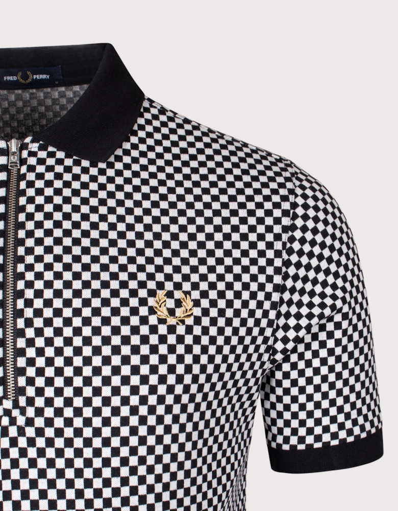 Chequerboard Zip Neck Polo Shirt