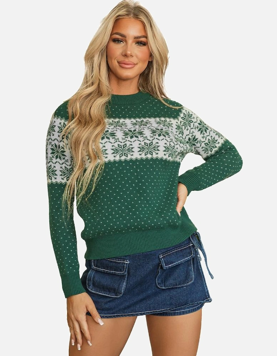 Green Christmas Snowflake Dotted Print Round Neck Sweater