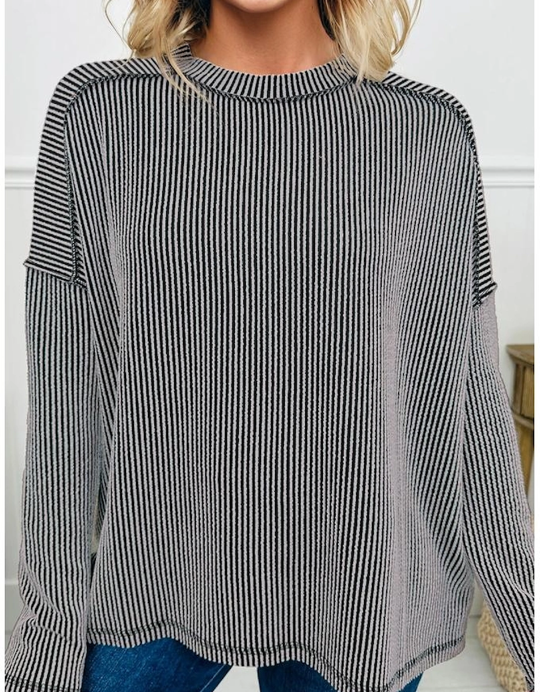 Black Twist Ribbed Exposed Seam Detail Long Sleeve Loose Top