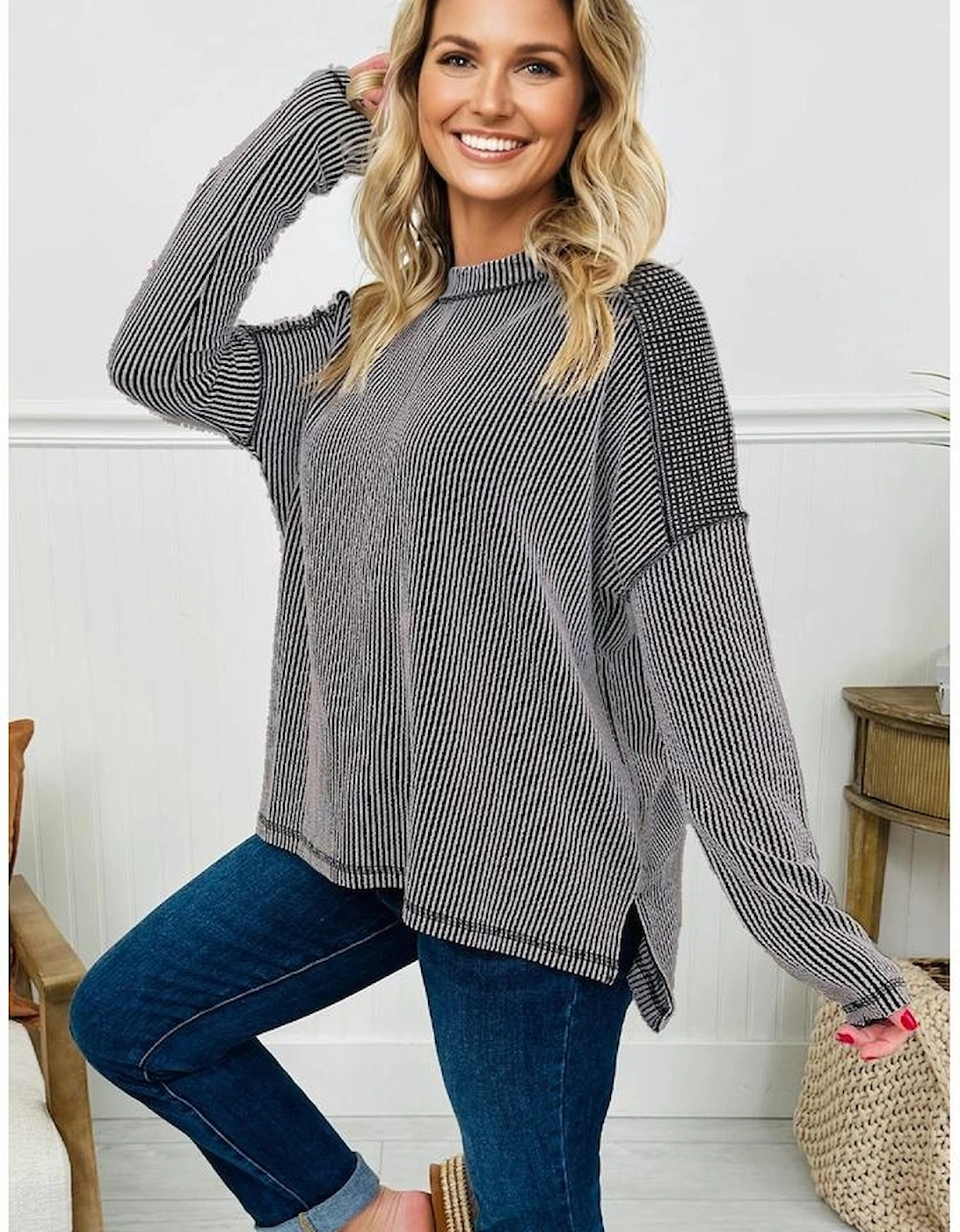 Black Twist Ribbed Exposed Seam Detail Long Sleeve Loose Top, 3 of 2
