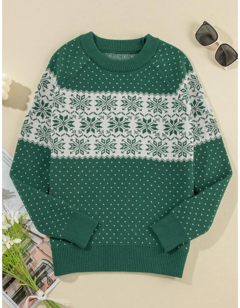 Green Christmas Snowflake Dotted Print Round Neck Sweater