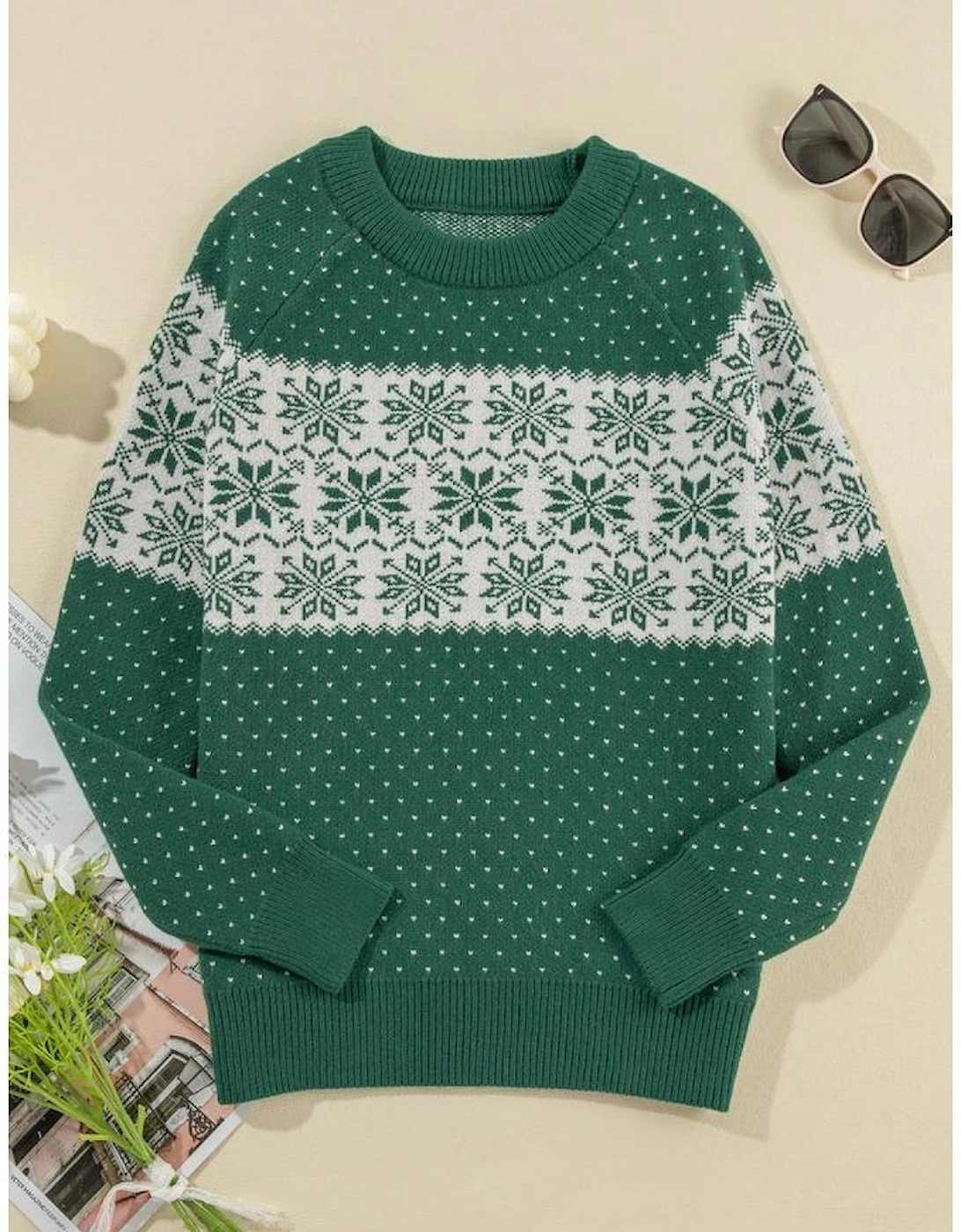 Green Christmas Snowflake Dotted Print Round Neck Sweater