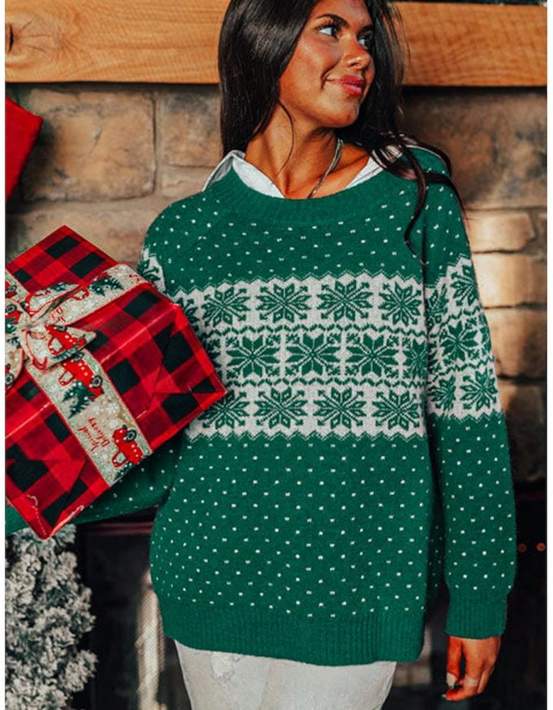 Green Christmas Snowflake Dotted Print Round Neck Sweater