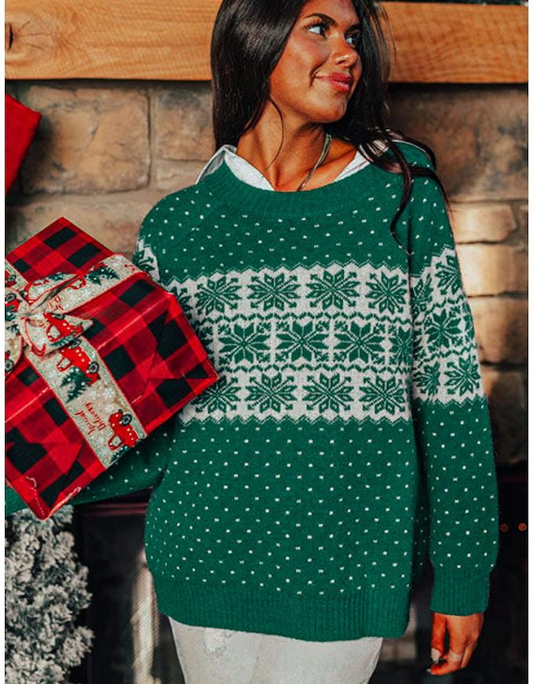 Green Christmas Snowflake Dotted Print Round Neck Sweater