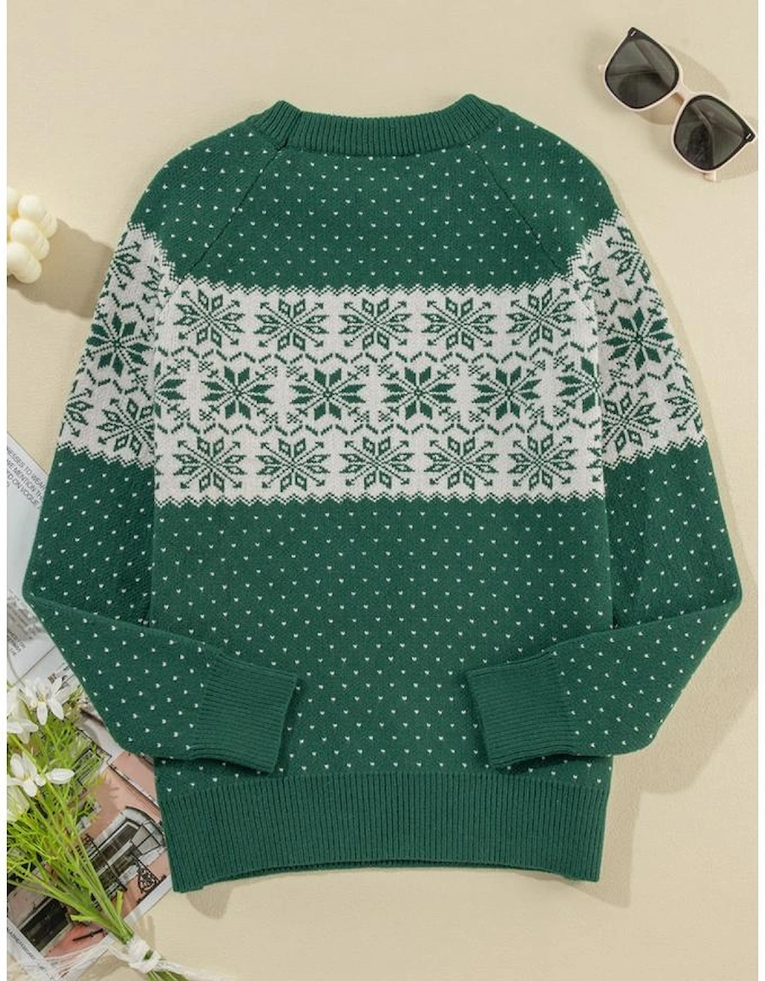 Green Christmas Snowflake Dotted Print Round Neck Sweater