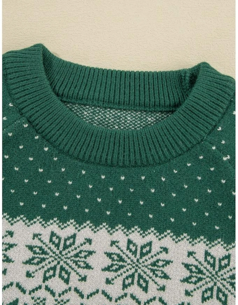 Green Christmas Snowflake Dotted Print Round Neck Sweater