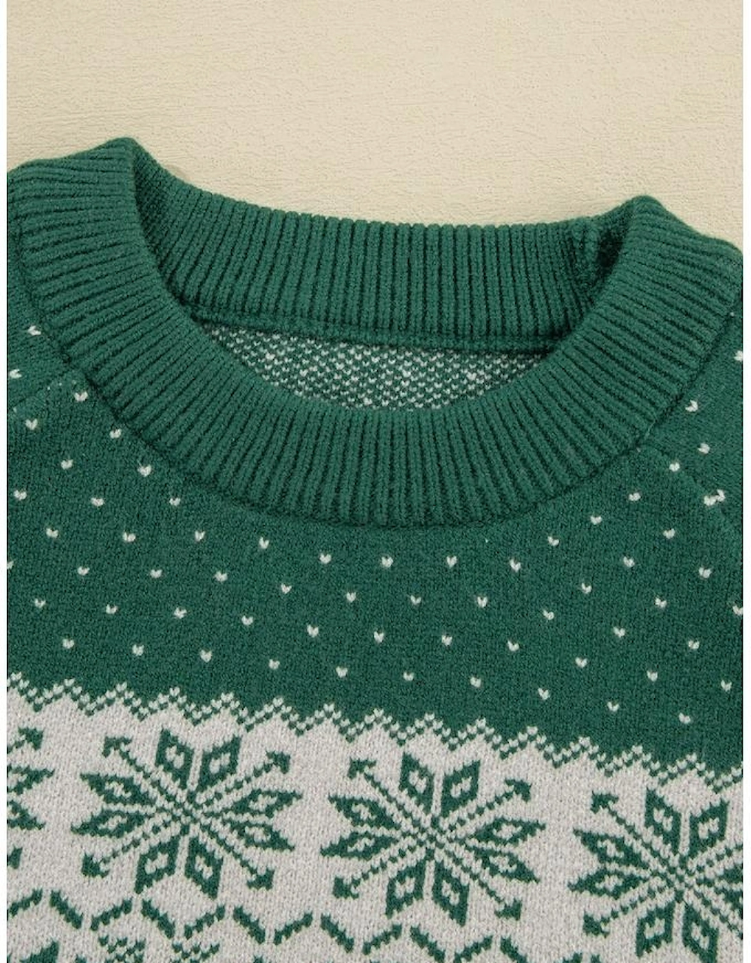 Green Christmas Snowflake Dotted Print Round Neck Sweater