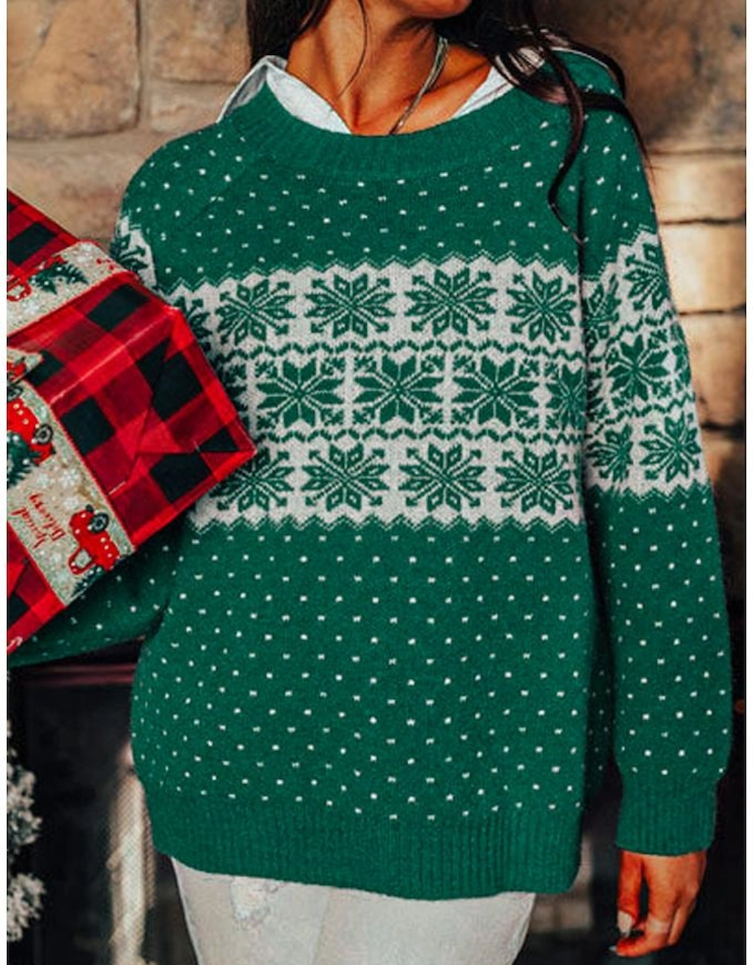 Green Christmas Snowflake Dotted Print Round Neck Sweater