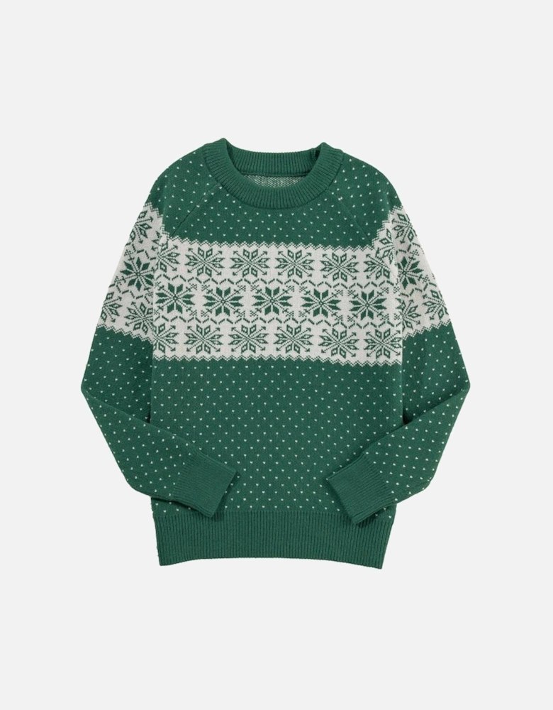 Green Christmas Snowflake Dotted Print Round Neck Sweater