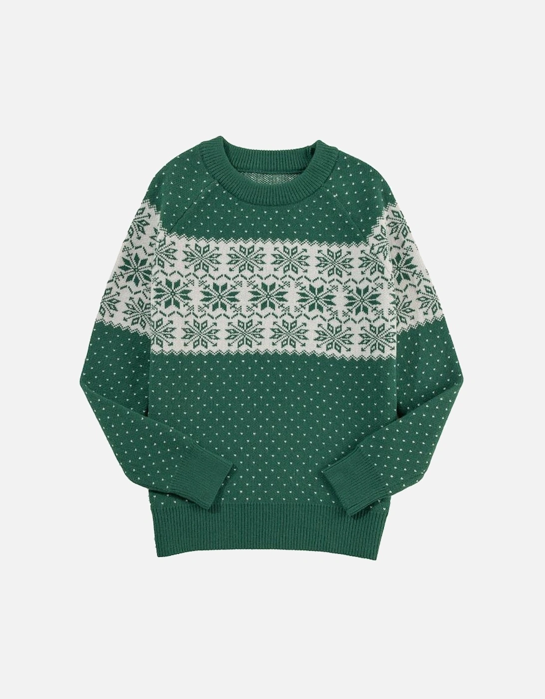 Green Christmas Snowflake Dotted Print Round Neck Sweater
